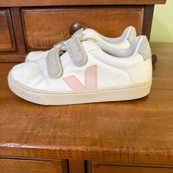 Veja Esplar girl’s 2 White Pink Sneakers hook & loop shoes metallic leather - Picture 5 of 12